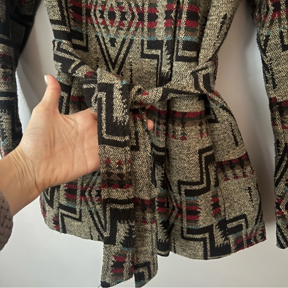 Y2K Mossimo Southwestern Wool Blend Coat Small Aztec Western Boho Belted Hood - Picture 3 of 13
